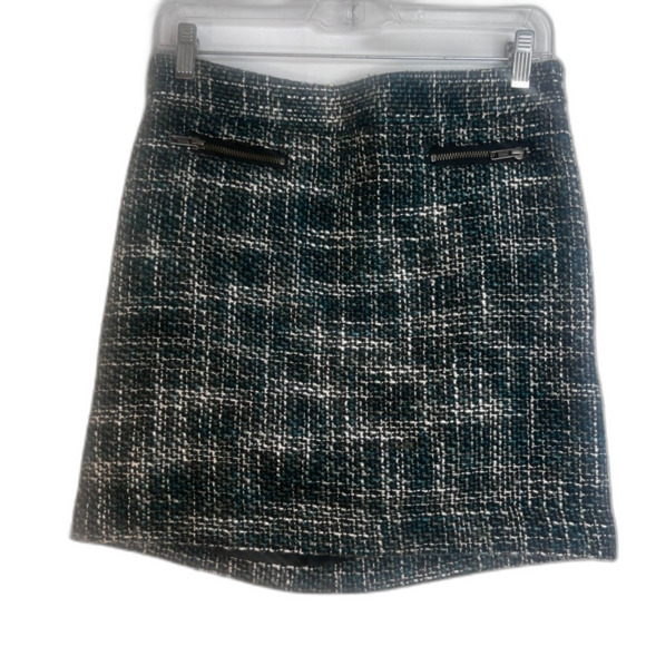 Ann Taylor Loft Green Tweed Mini Skirt Front Zip Pockets Lined Sz 4 Office Work - Picture 1 of 8